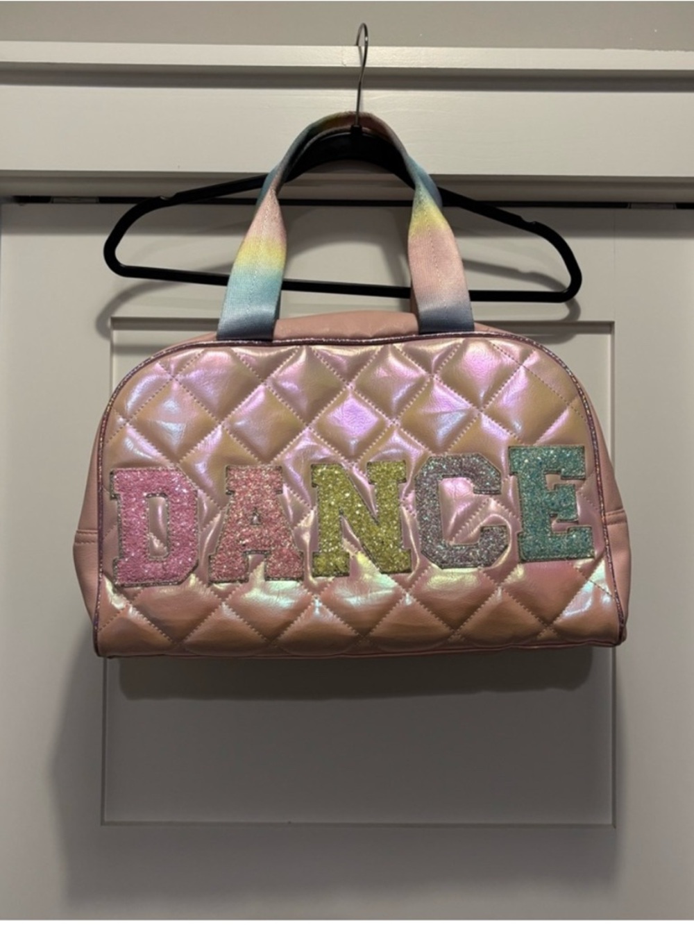 Miss Gwen’s OMG Accessories Pink Quilted Dance Tote Bag with Rainbow Handles